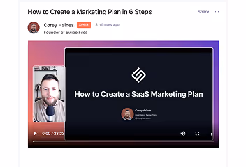 Video tutorial titled 'How to Create a SaaS Marketing Plan' by Corey Haines, with his photo and profile mentioning Founder of Swipe Files.